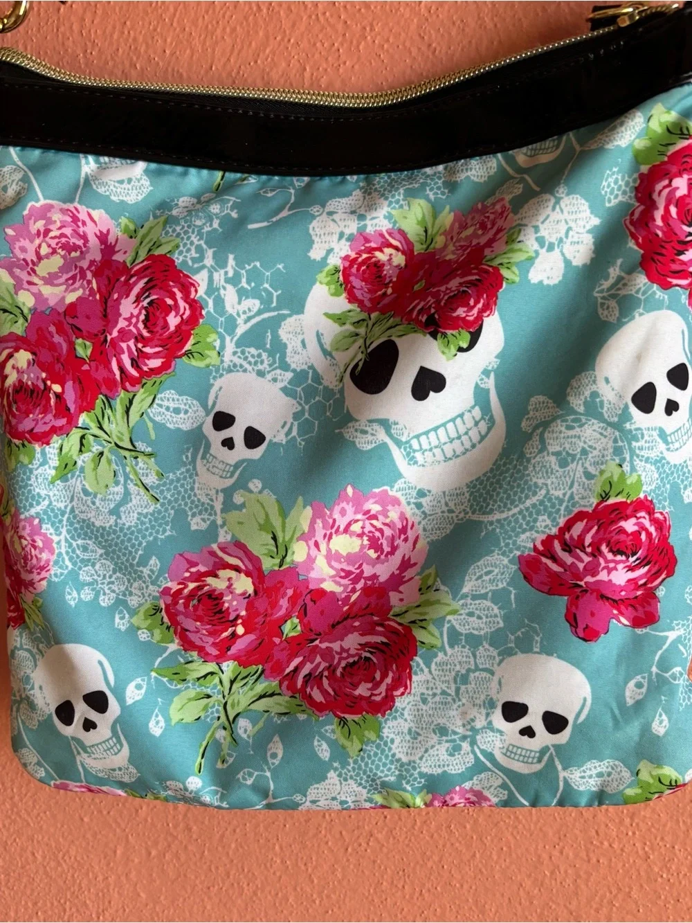 Besty Johnson Floral Skull Crossbody Bag in Turquoise and Pink